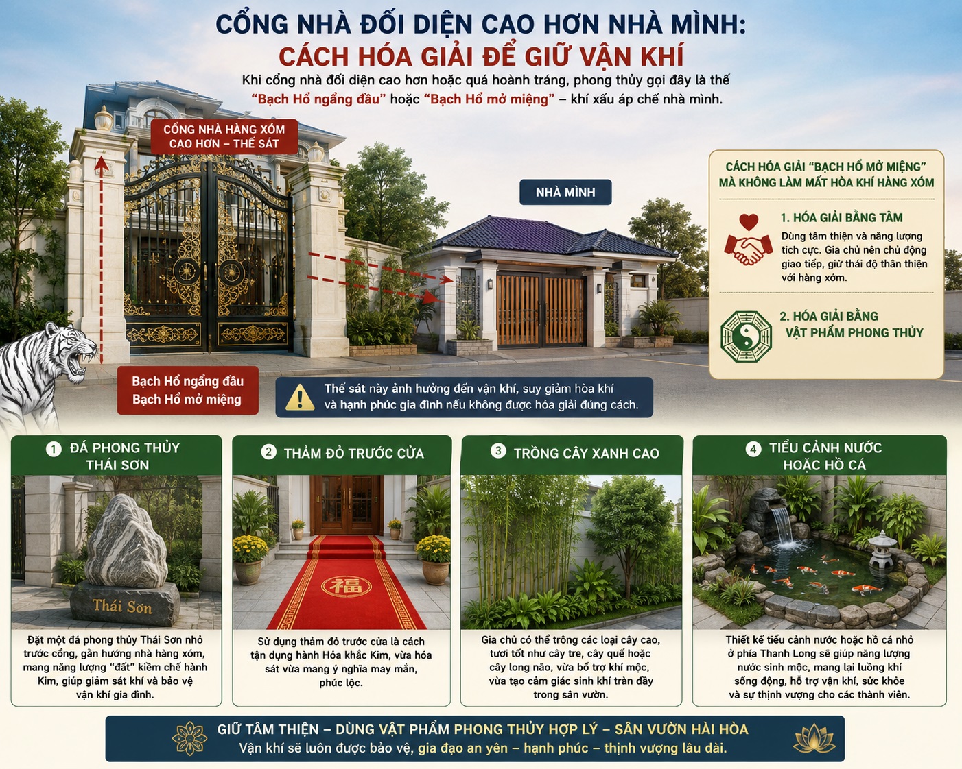 Cổng nhà đối diện cao hơn nhà mình phạm thế 'Bạch Hổ ngẩng đầu'. Cách hóa giải để giữ vận khí