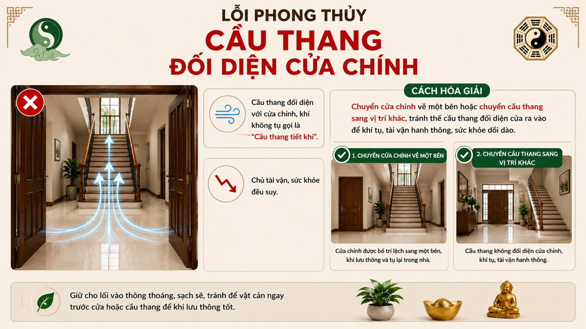 Lỗi phong thủy "Cầu thang đối diện cửa chính" và cách hóa giải