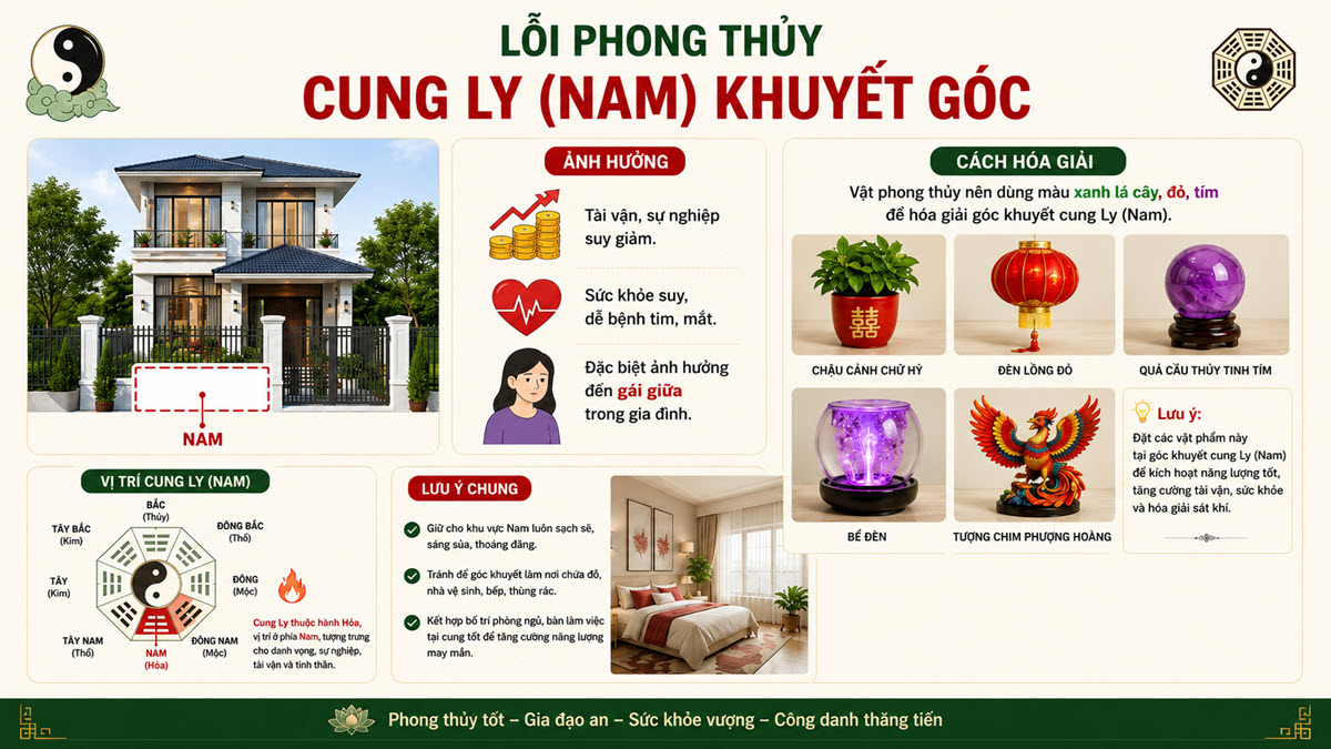 Lỗi phong thủy "Cung Ly (Nam) khuyết góc" và cách hóa giải