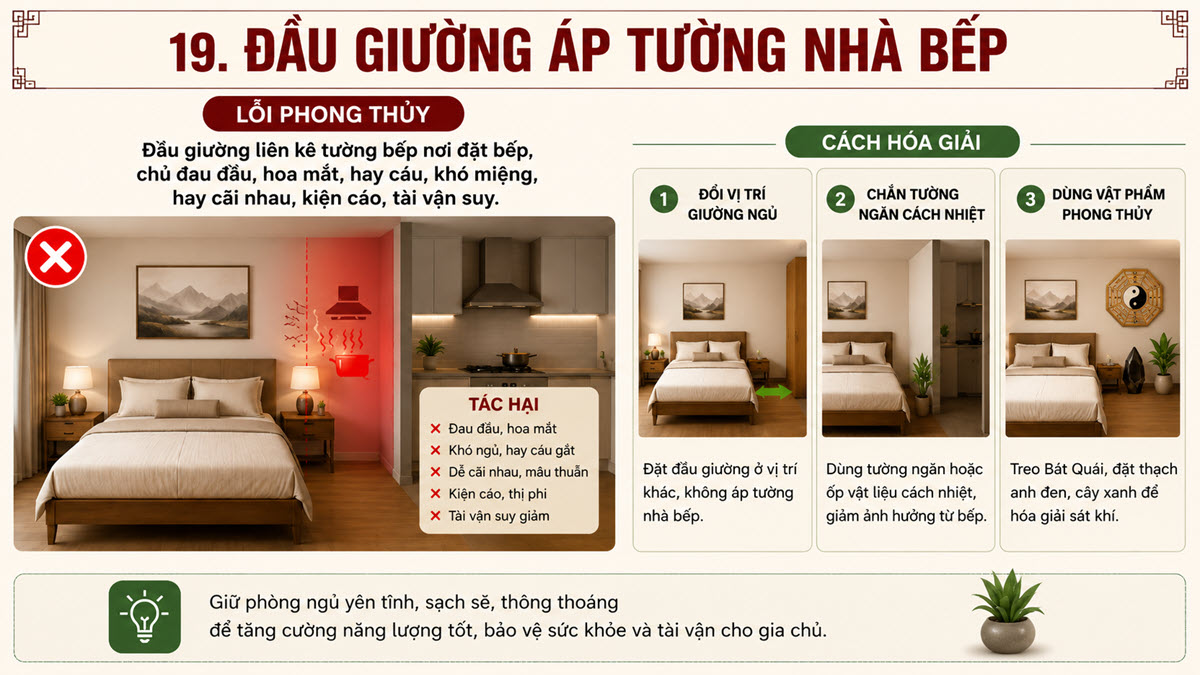 Lỗi phong thủy "Đầu giường áp tường nhà bếp" và cách hóa giải