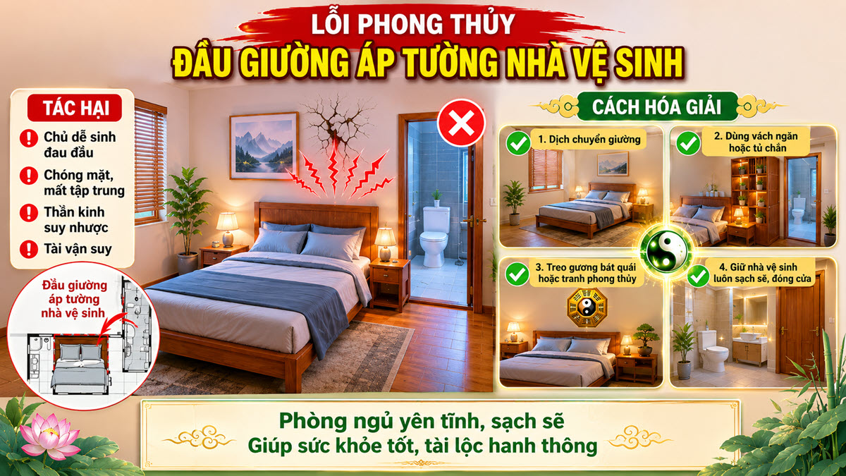 Lỗi phong thủy "Đầu giường áp tường nhà vệ sinh" và cách hóa giải