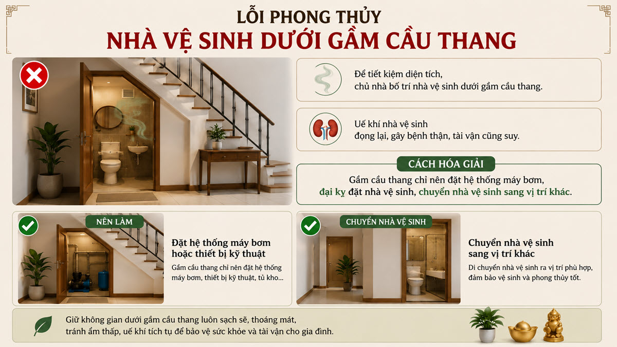 Lỗi phong thủy "Nhà vệ sinh dưới gầm cầu thang" và cách hóa giải