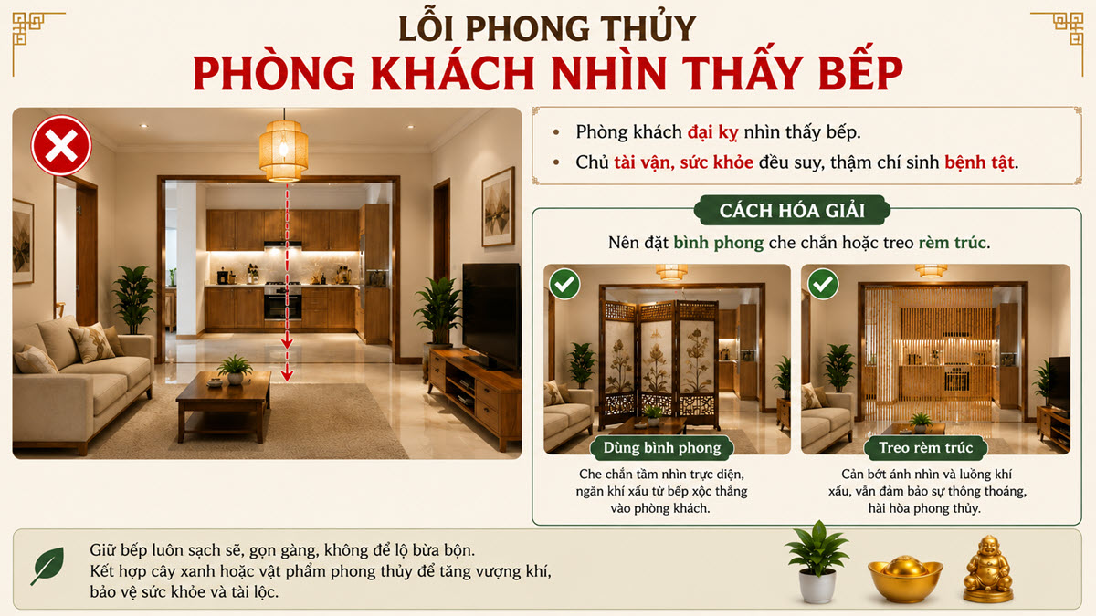 Lỗi phong thủy "Phòng khách nhìn thấy bếp" và cách hóa giải