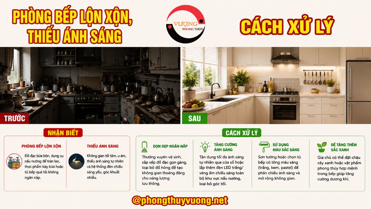 Lỗi phong thủy “Phòng bếp lộn xộn, thiếu ánh sáng” Nhận biết và Cách hóa giải
