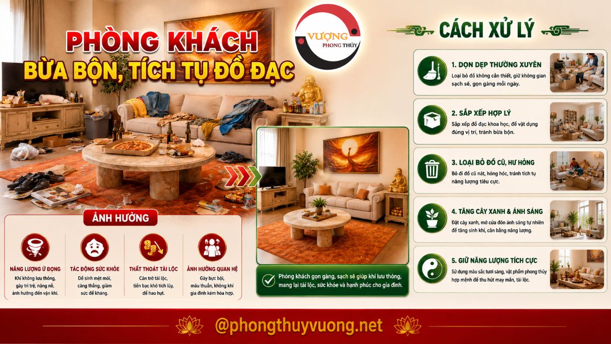 Phòng khách bừa bộn, tích tụ đồ đạc, cách xử lý