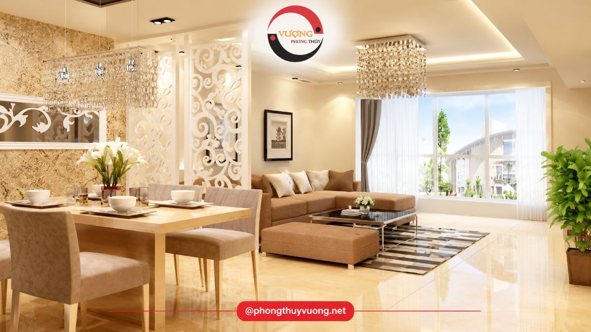 Phong thủy phòng khách thông phòng bếp có vách ngăn nhẹ
