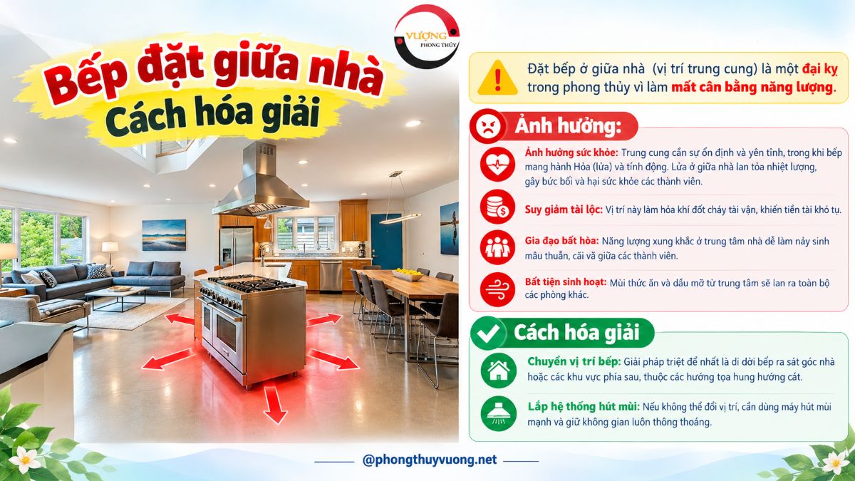 Sát khí "Bếp đặt giữa nhà" là gì? Cách hóa giải