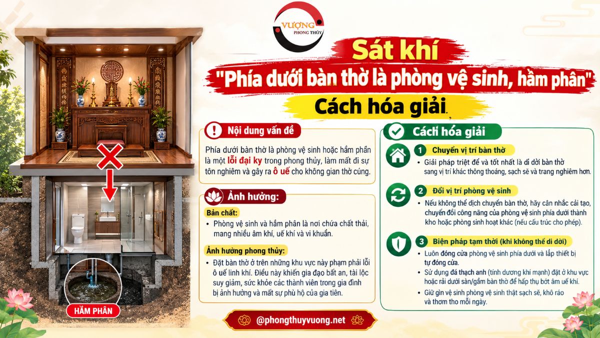 Sát khí "Phía dưới bàn thờ là phòng vệ sinh, hầm phân" là gì? Cách hóa giải