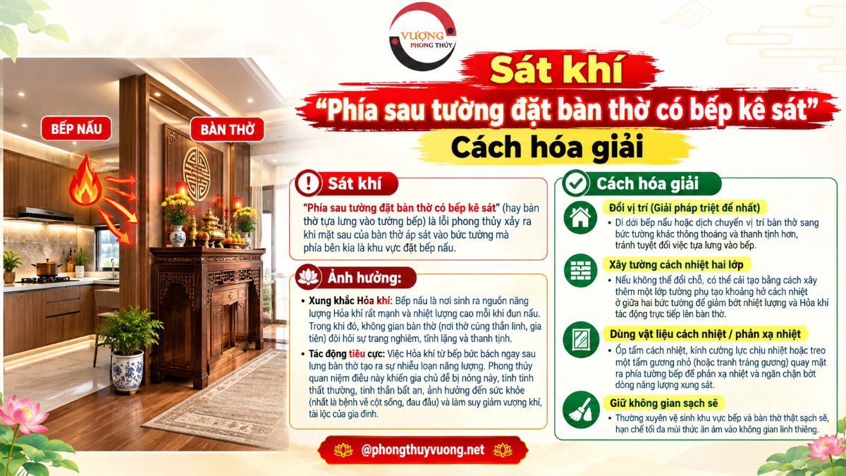 Sát khí "Phía sau tường đặt bàn thờ có bếp kê sát" là gì? Cách hóa giải